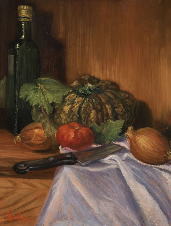 Pumpkin, tomato, onions and vine leaves - still life