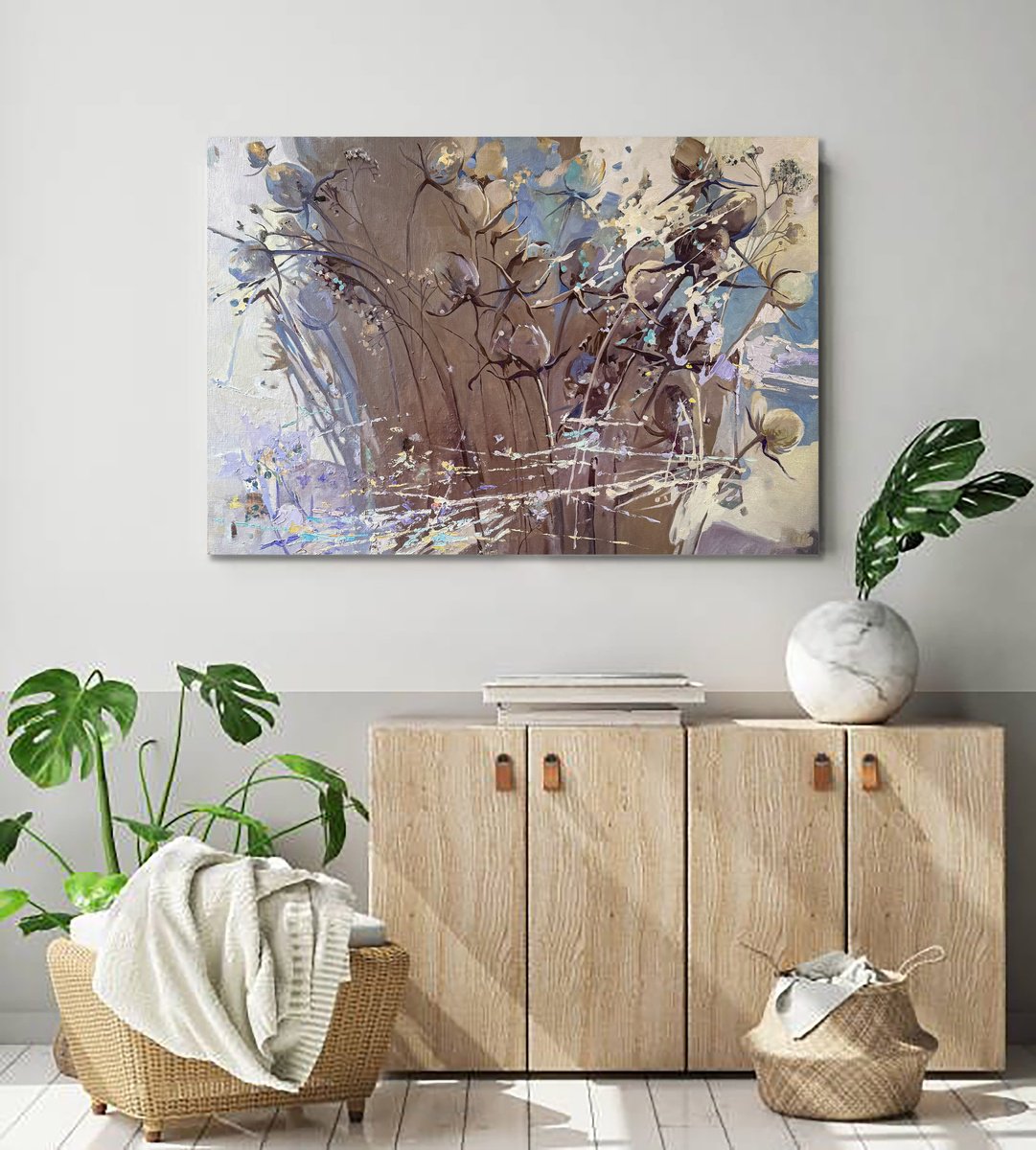 Impressionistic Botanical Oil Painting By Natalia Yampolskaia, 39 X 28", Frost. Spring Is Coming, Original Artwork