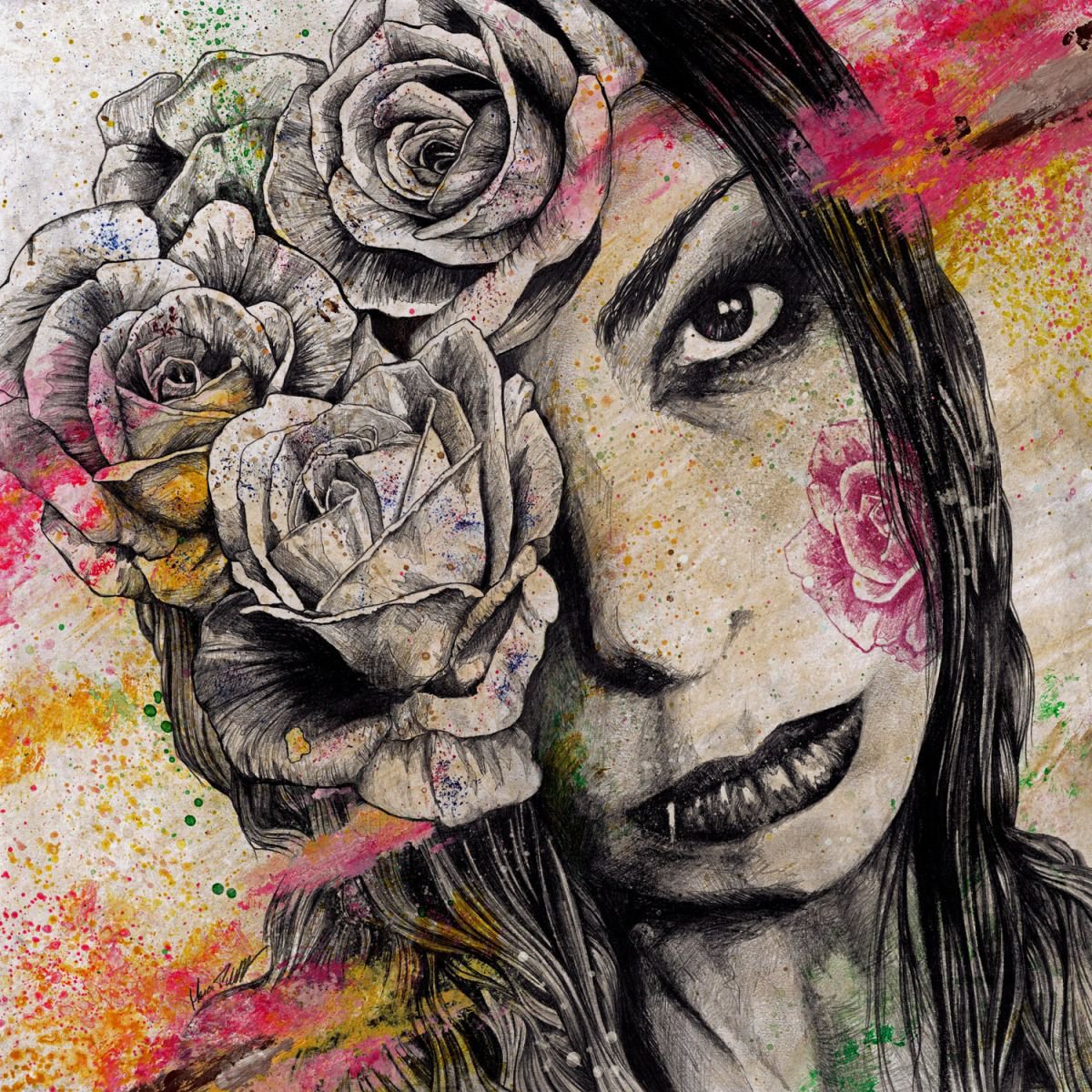 OF SUFFERING - (gothic flower girl portrait, roses pencil drawing, dark street art illustr... by Marco Paludet