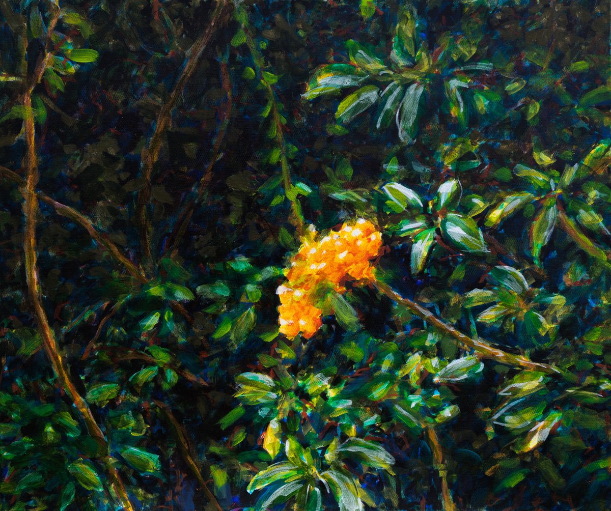 Botanical Acrylic Painting By Fabienne Monestier, 24 X 20, Pyracantha, Original Artwork