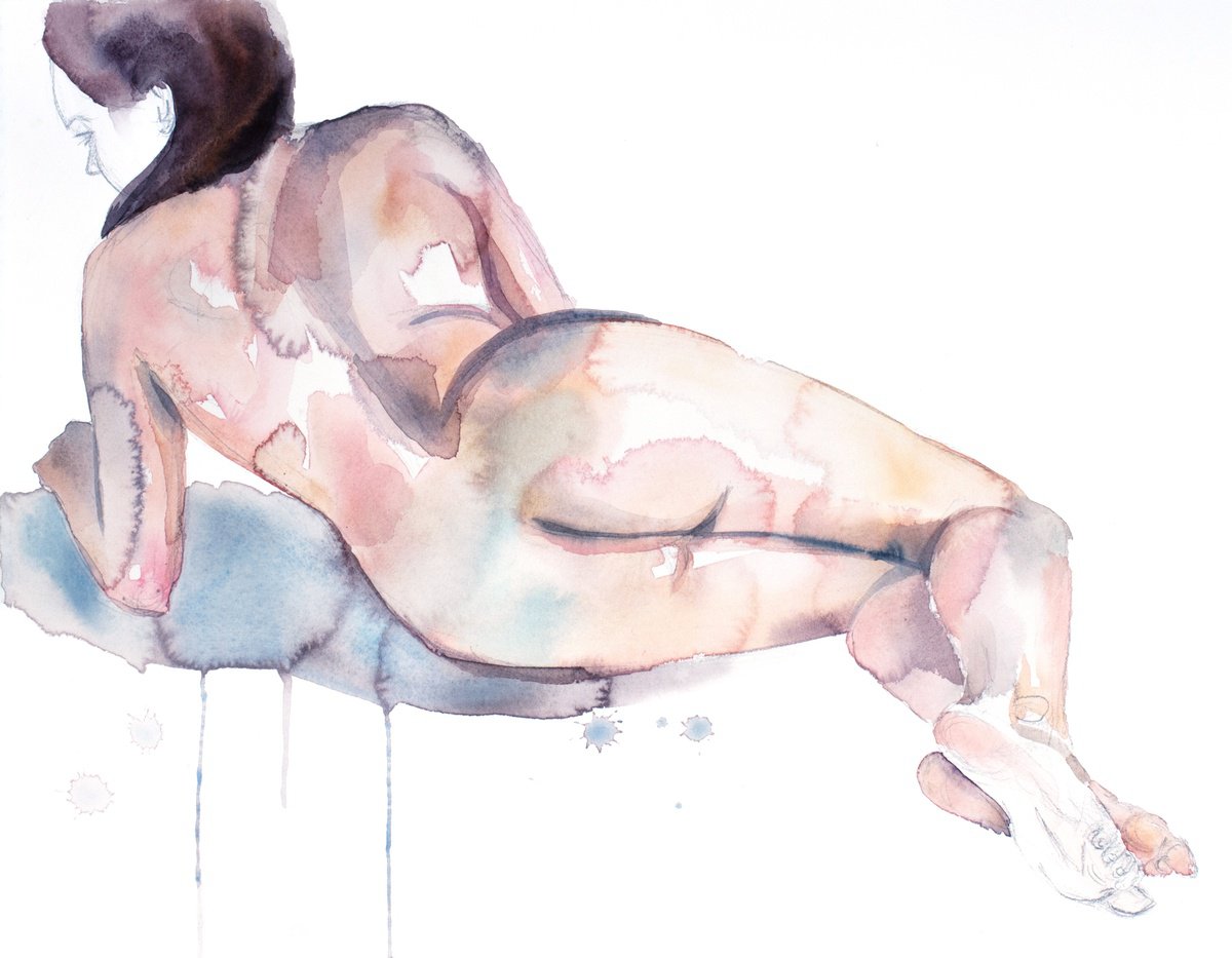 Expressive Portrait Watercolour By Elizabeth Becker, 20 X 16, Nude No. 110, Original Artwork