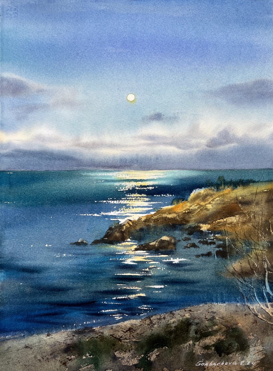 Impressionistic Landscape Watercolour By Eugenia Gorbacheva, 11 X 15, Full Moon #3, Original Artwork