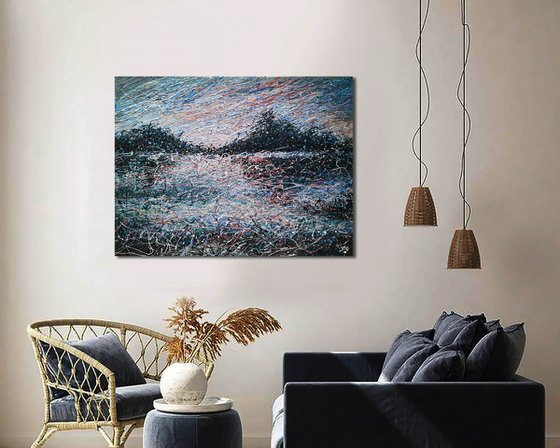 Peaceful nature Сalm landscape Meditation Leight beige blue abstract painting - Ready to hang