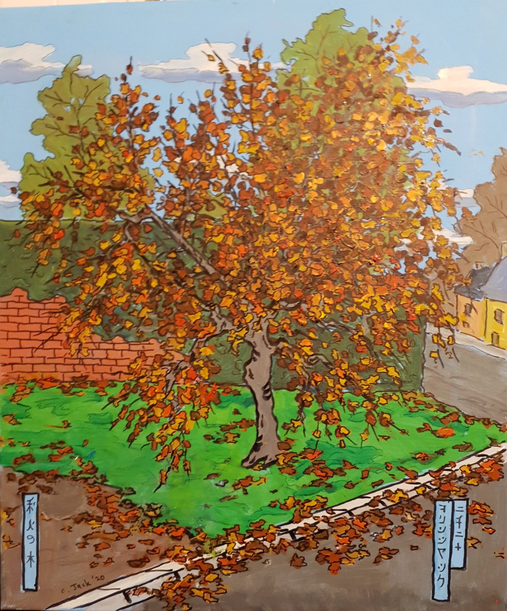 Botanical Acrylic Painting By Colin Ross Jack, 20 X 24, Autumn Tree Ukiyo-E Style, Original Artwork