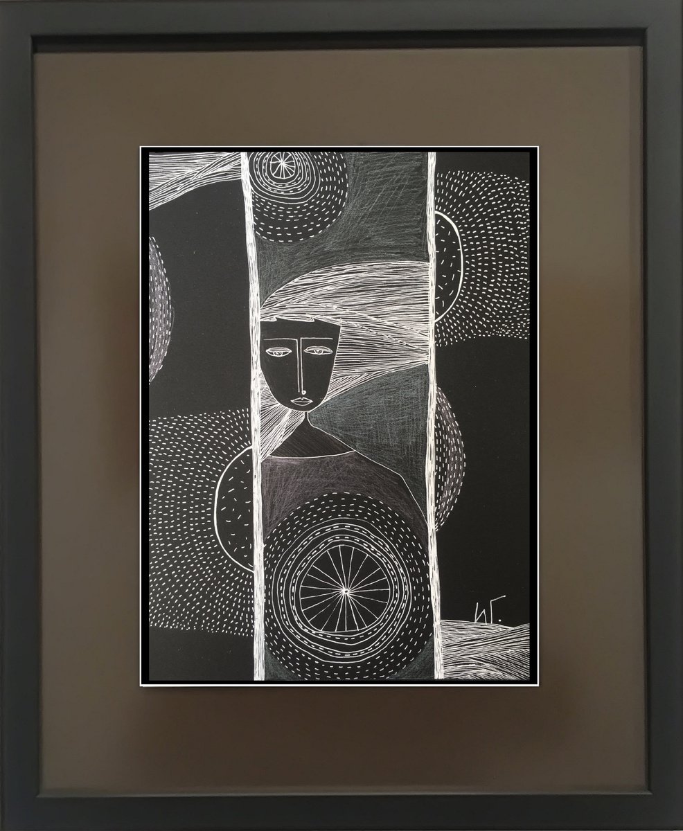 Naive Portrait Drawing By Irina Goleva, 14 X 17, In A Space Of Things, Original Artwork