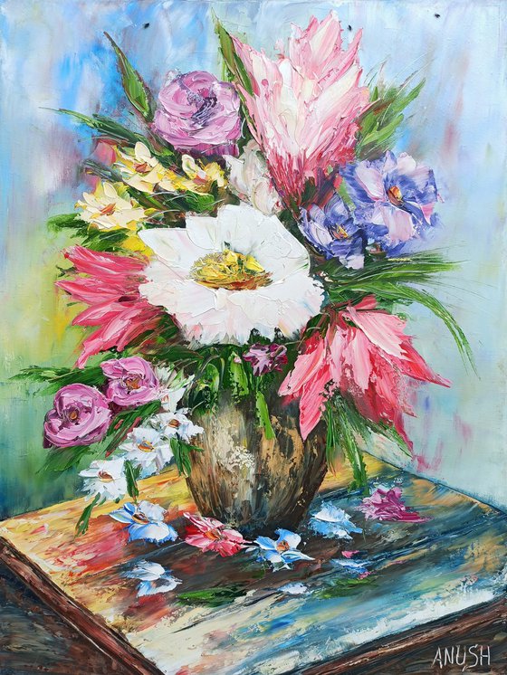 Field flowers in vase(50x70cm, oil painting, palette knife)