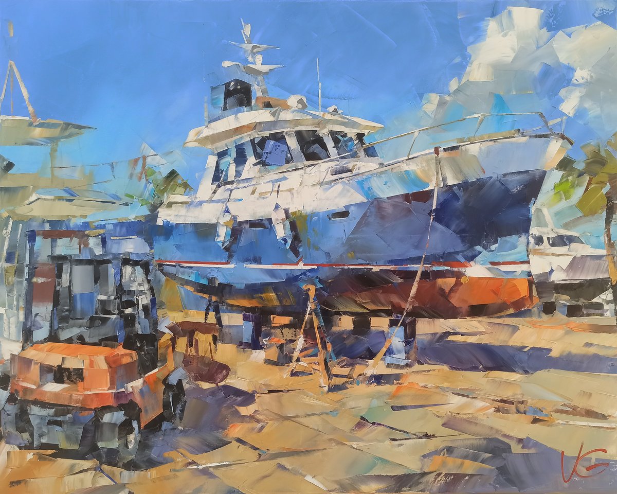 Impressionistic Landscape Oil Painting By Volodymyr Glukhomanyuk, 39 X 31", Midday In Marina Frapa, Original Artwork