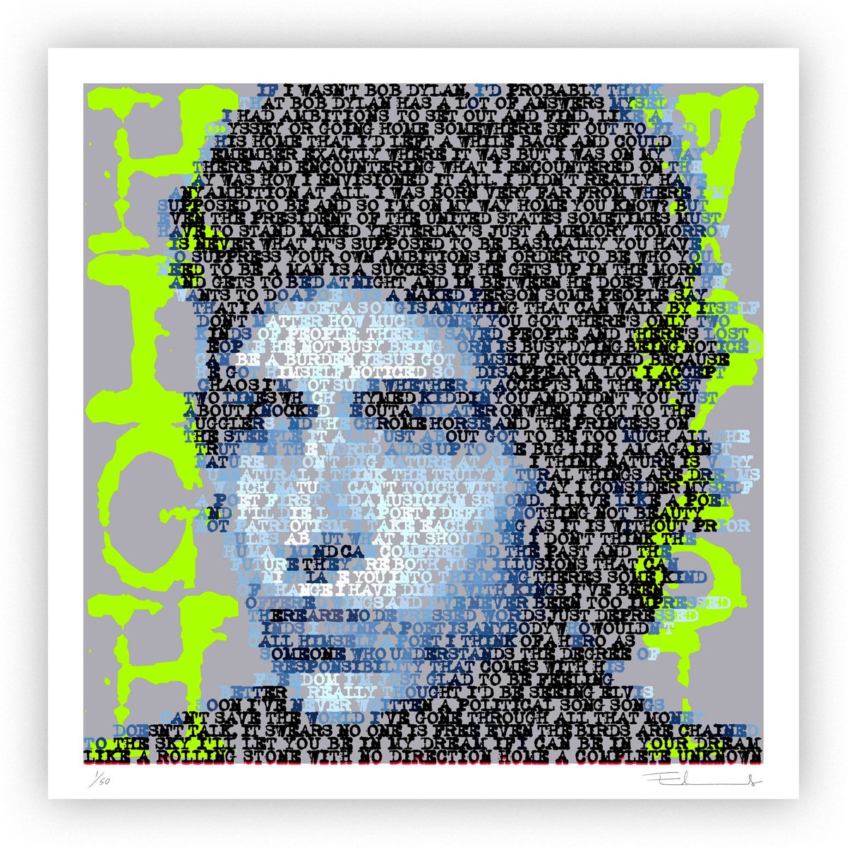 Typographic Portrait Giclee Print By Mike Edwards, 20 X 20", Bob Dylan Highway Revisited, Original Artwork