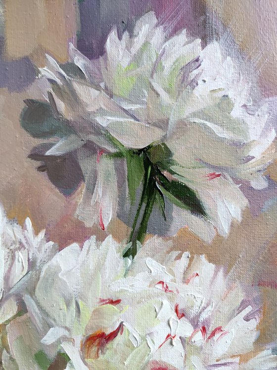 White peony art painting original, Flowers oil painting on canvas, Purity peony in glass, Floral wall art, Picture on shelf table