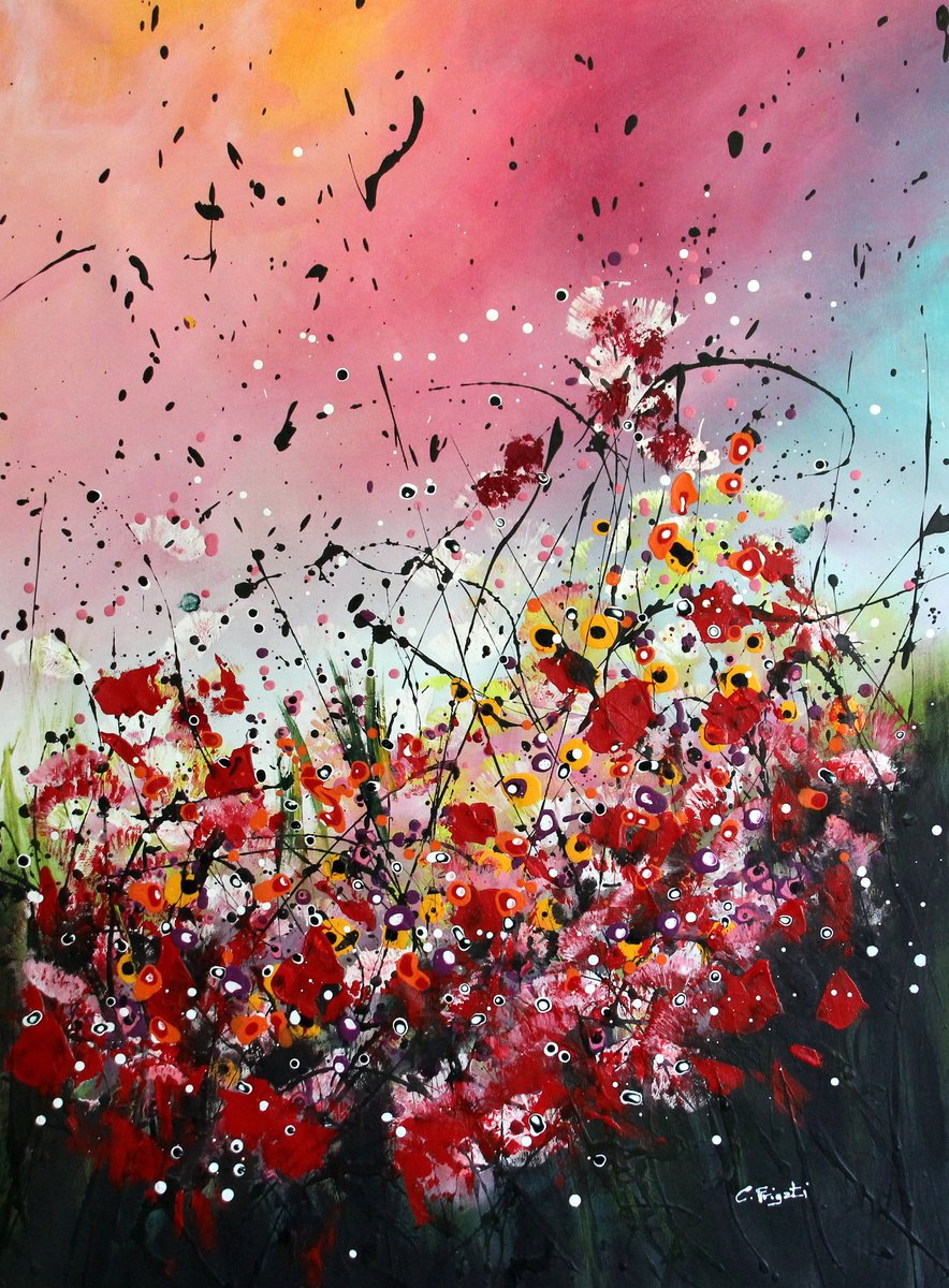 Impressionistic Landscape Acrylic Painting By Cecilia Frigati, 28 X 39, Red Passion #6, Original Artwork