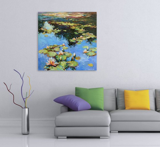 Water lilies Large Oil painting 90 x 90 cm Free Shipping