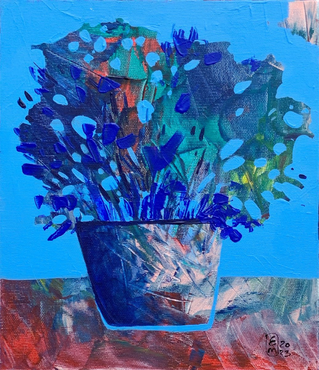 Abstract Botanical Acrylic Painting By Elena Tomilova, 10 X 12, Blue Flowers, Original Artwork