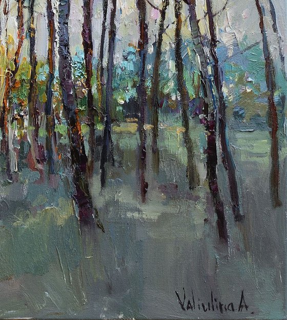 Pine trees at sunset - Original forest landscape painting