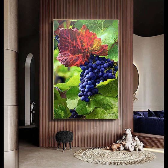 Photorealism oil painting:grape with leaves