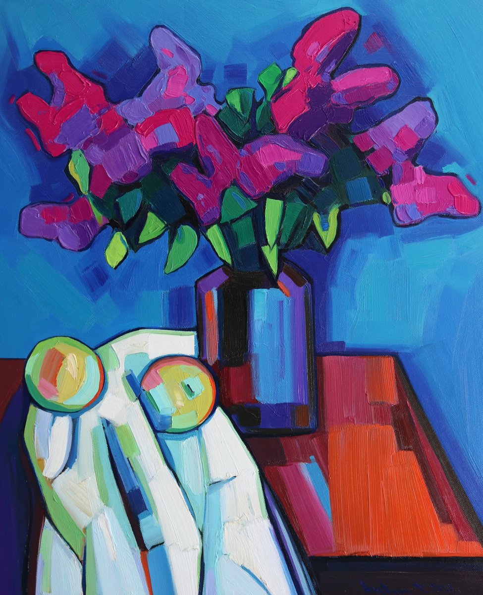 Impressionistic Still Life Oil Painting By Tigran Avetyan, 18 X 22", Lilacs, Original Artwork