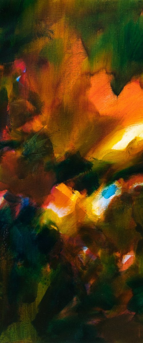 Nocturne abstract. Autumn time : red glowing embers in the fireplace - Orange and dark green by Fabienne Monestier