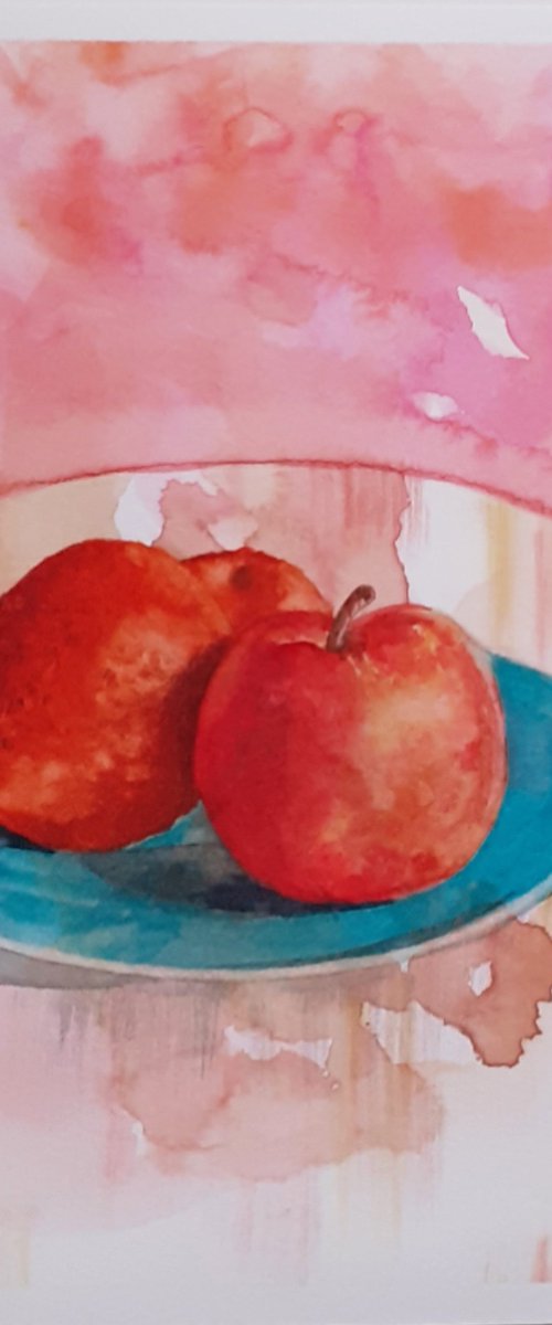 Watercolour Still Life Painting | Apple and Two Satsumas | Original Art by Artist Stacey-Ann Cole by Stacey-Ann Cole