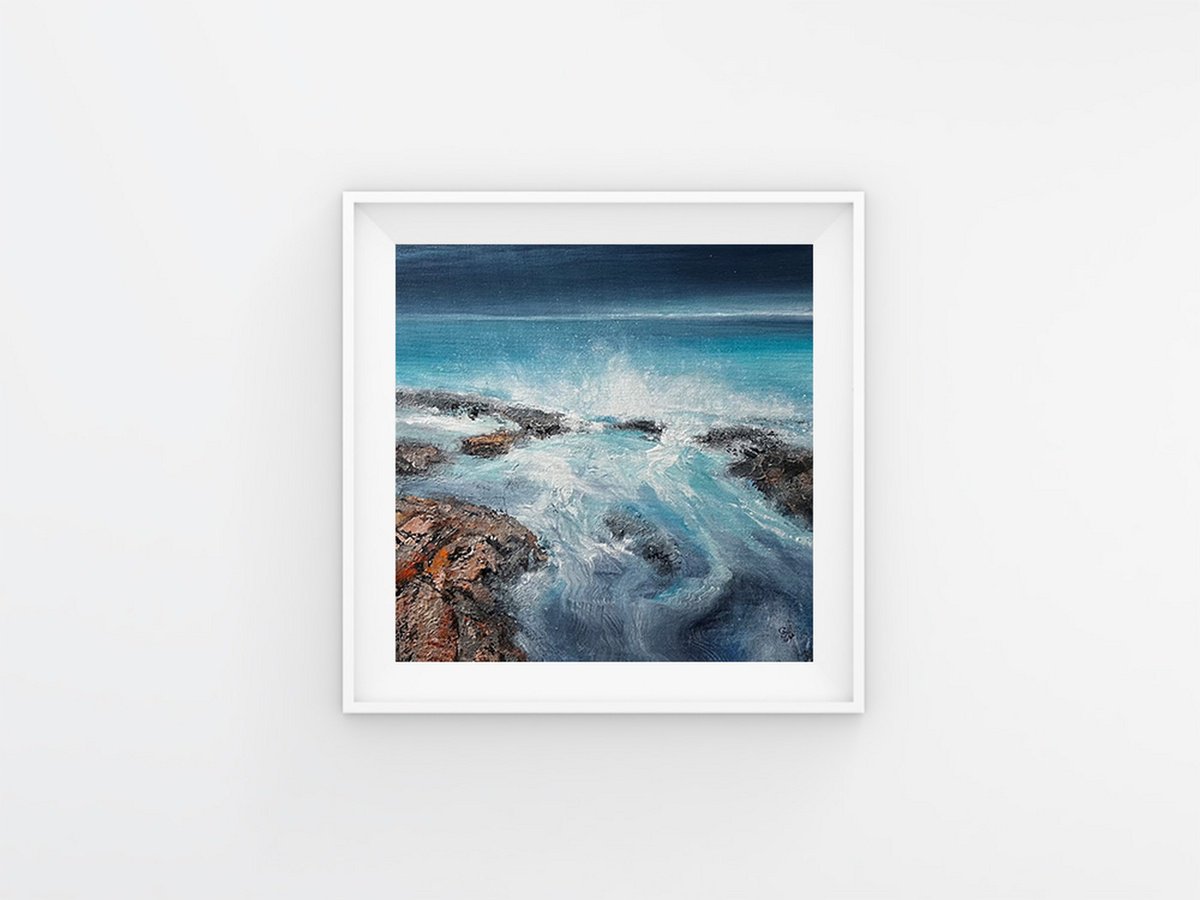 Abstract Landscape Acrylic Painting By Ivan Grozdanovski, 16 X 16, Azure Horizons, Original Artwork