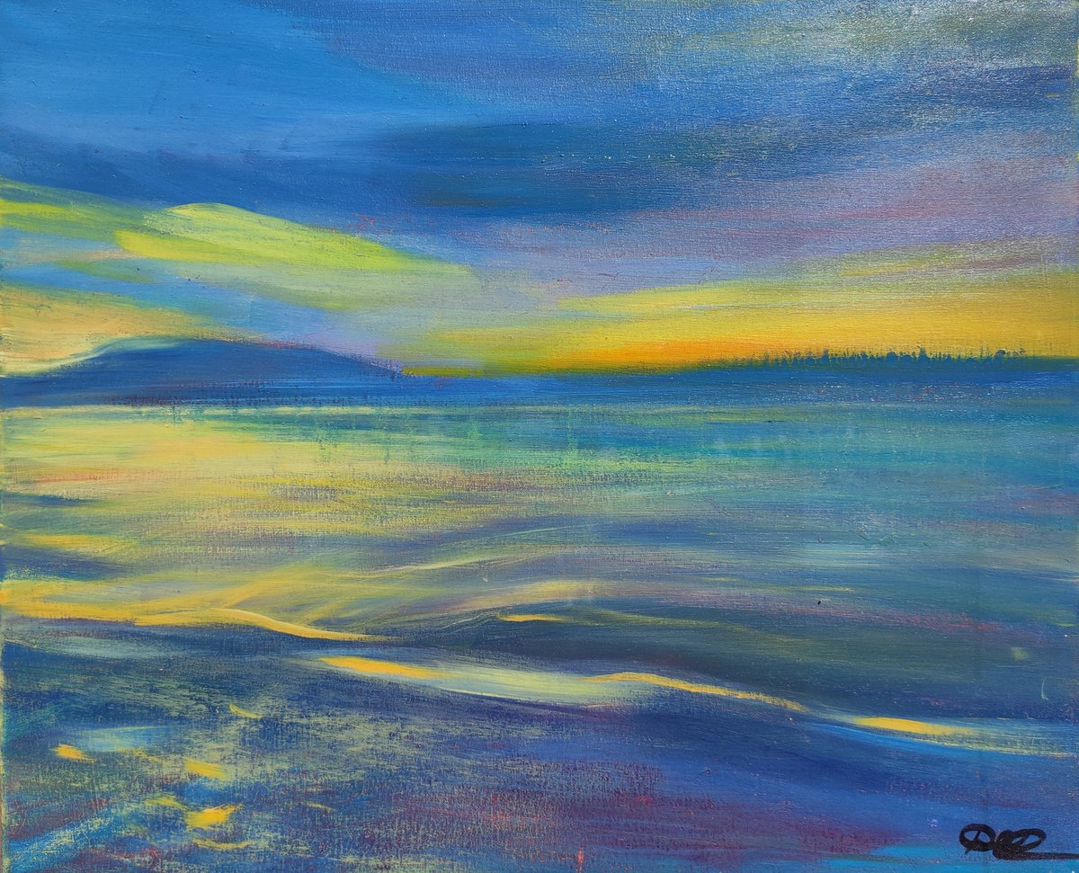 Impressionistic Landscape Oil Painting By Olga Onopko, 24 X 20", The Sun On Blue Waves, Original Artwork