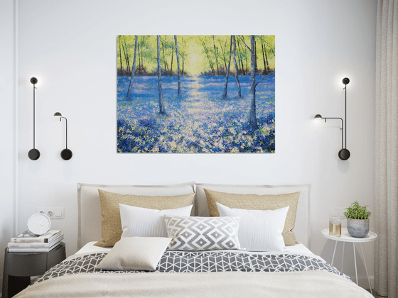 Blue Tranquility (Large Bluebell Woods painting, large trees painting)