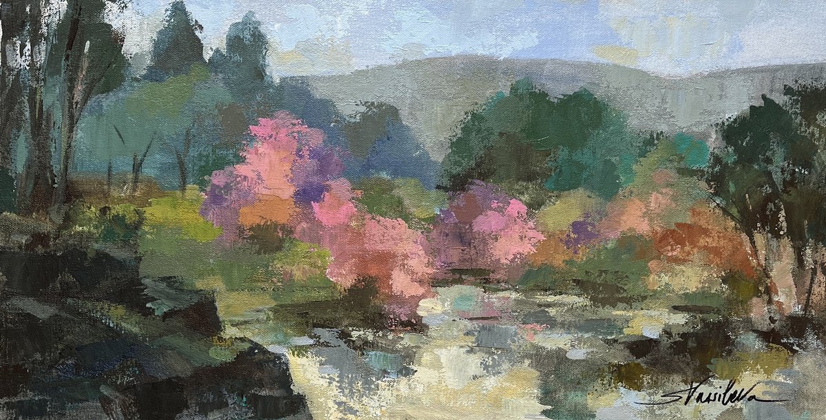 Impressionistic Landscape Acrylic Painting By Silvia Vassileva, 24 X 12", Springtime, Original Artwork