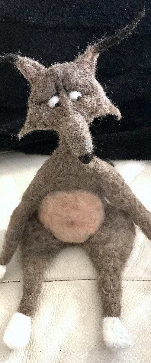 Wolf in white socks, felted wool creature, Les Loufoques series, by Eleanor Gabriel