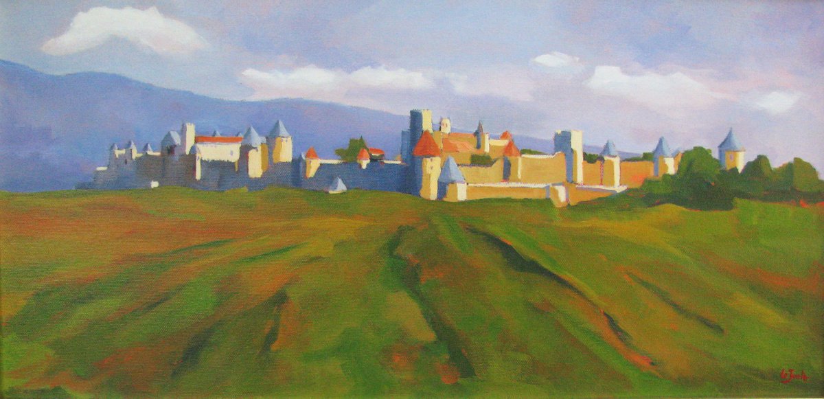 Impressionistic Landscape Oil Painting By Jean-Noel Le Junter, 24 X 12, France, City Of Carcassonne, Original Artwork