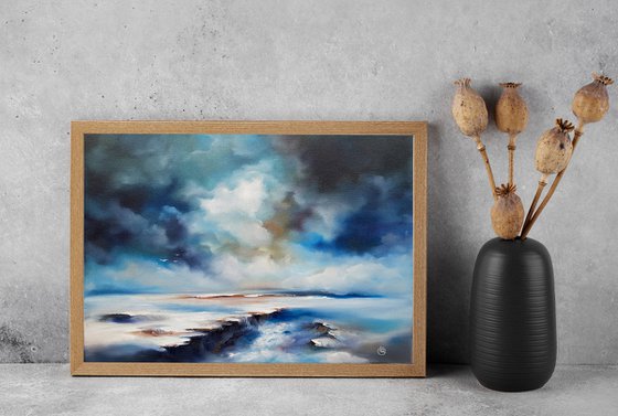 Landscape Painting Clouds Wall Art Blue Seascape