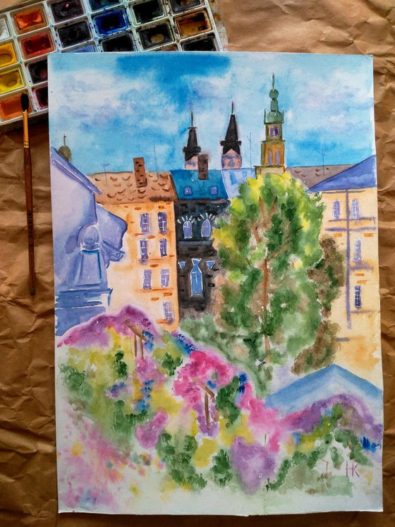 Lviv Painting Cityscape Original Art Ukraine Watercolor Artwork Home Wall Art 12 by 17" by Halyna Kirichenko