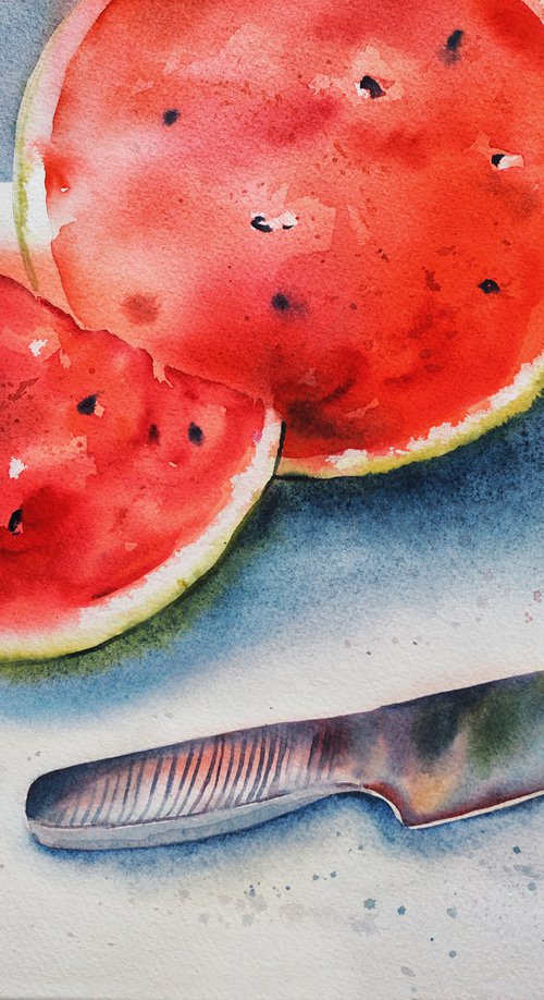 Watermelon and knife - original watercolor by Delnara El