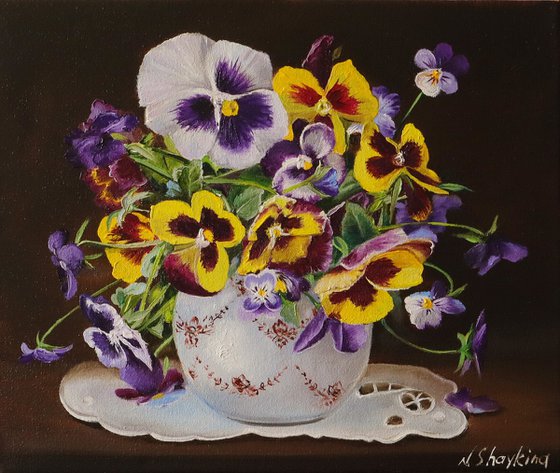 Pansies in a White Ceramic Vase