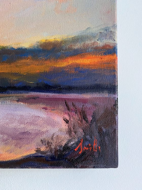 Fiery Sunset over The Sea. Original Oil Painting on canvas ready to hang.