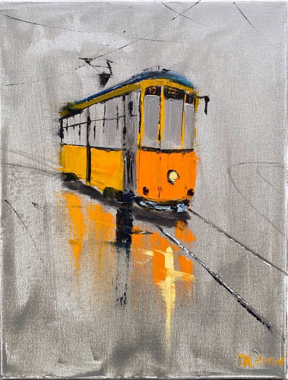 Orange old streetcar on a silver background
