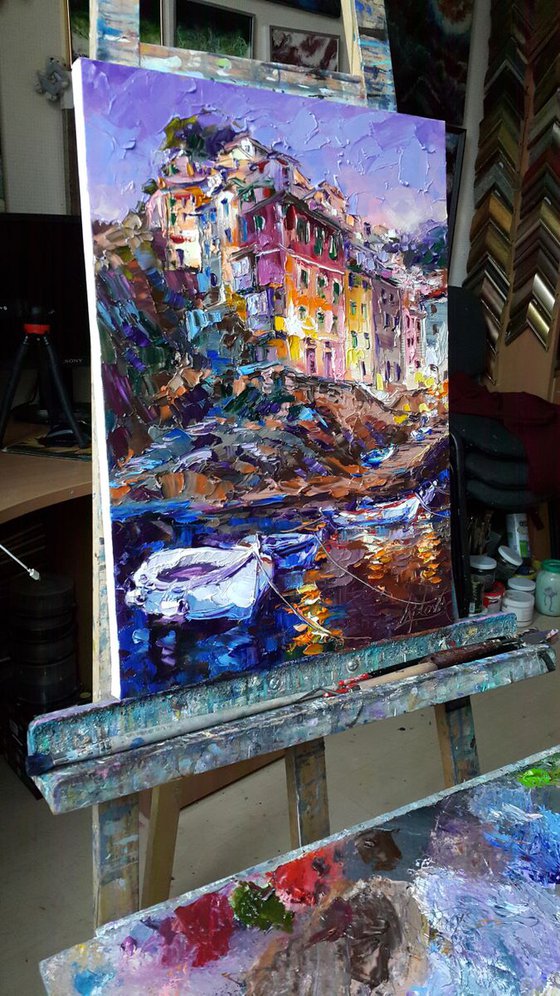 Painting original oil Evening in Riomaggiore,  Italian landscape, Cinque Terre