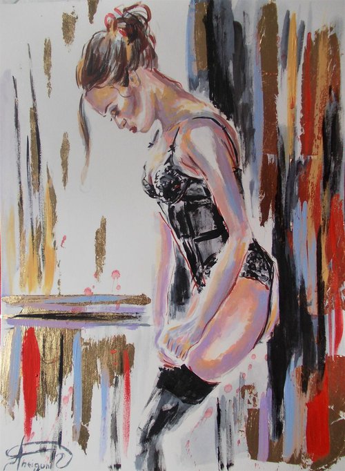 Monika III - Nude Watercolor-Mixed Media Painting on Paper by Antigoni Tziora