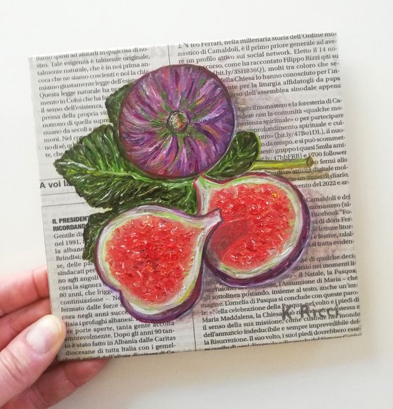 "Figs Fruit on Newspaper" Original Oil on Canvas Board Painting 6 by 6 inches (15x15 cm)