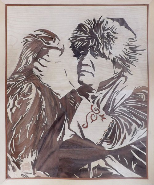 Kyrgyz and Eagle (marquetry work) by Dušan Rakić