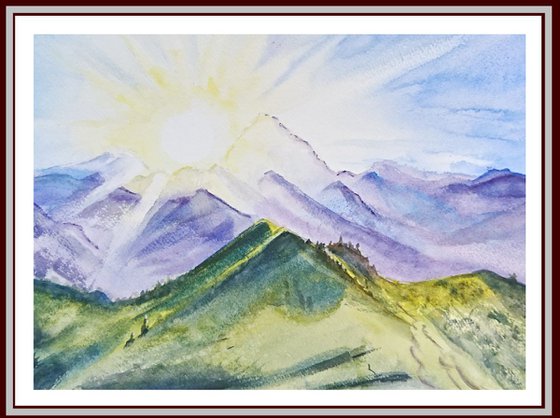 Sunrise. Watercolor painting on paper. Landscape. Original artwork