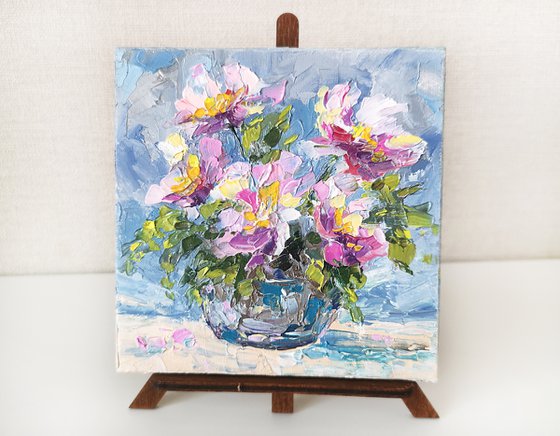 Peony bouquet in vase. Impressionist flowers stilll life. Small floral artwork