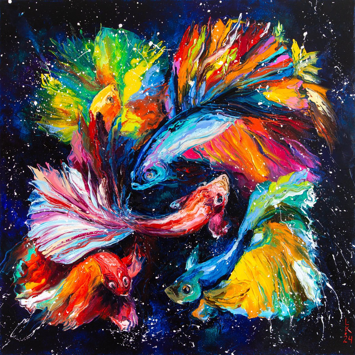 Animal Oil Painting By Liubov Kuptsova, 24 X 24", Dancing Fish, Original Artwork