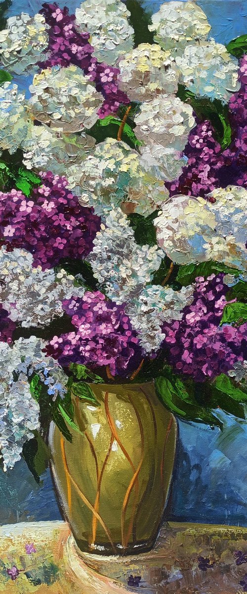 White and purple lilacs bouquet by Karine Harutyunyan
