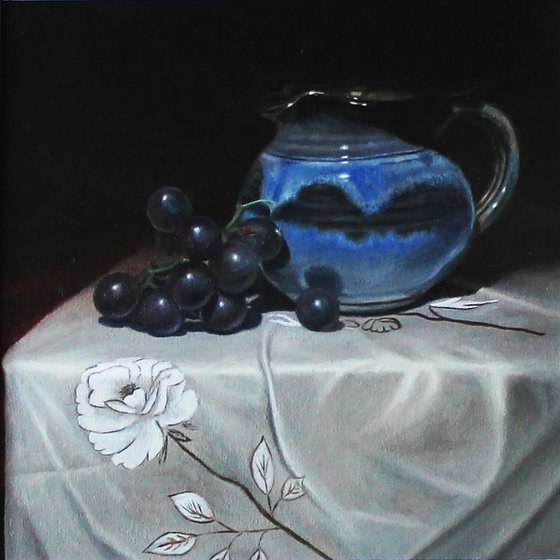 Blue Jar and Dark Purple Grapes