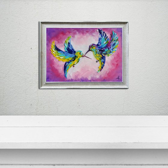 Pink dreams - birds oil painting, hummingbirds, birds, oil painting, love oil painting