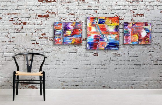 "Seeing All The Angles" - FREE USA SHIPPING - Original PMS Abstract Triptych Oil Paintings On Canvas - 64" x 24"