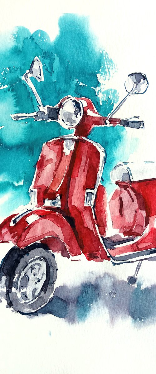 Watercolor sketch "Bright red retro moped on a turquoise background" original illustration by Ksenia Selianko