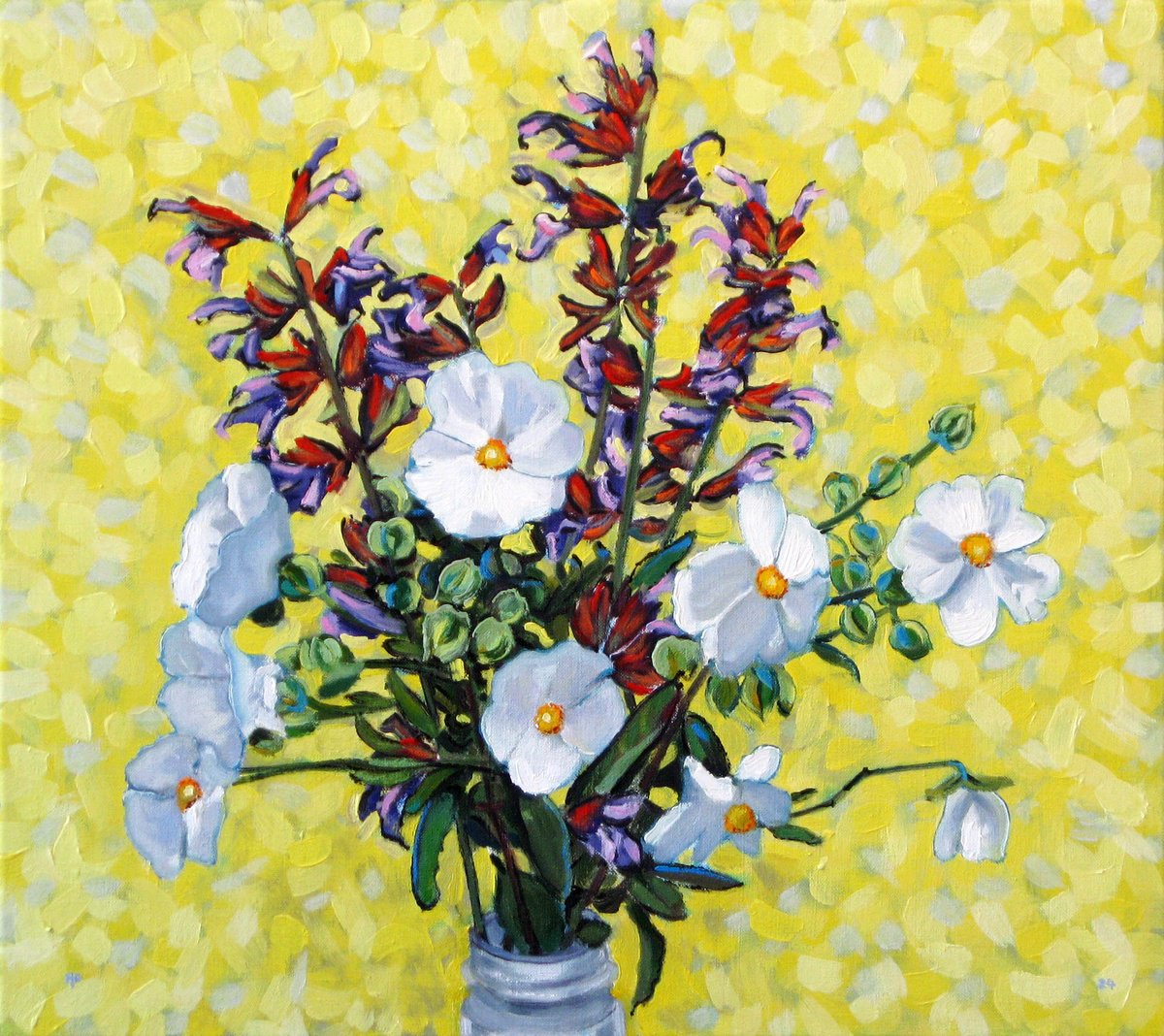 Botanical Oil Painting By Richard Gibson, 18 X 16", Mixed Flowers Against Yellow, Original Artwork