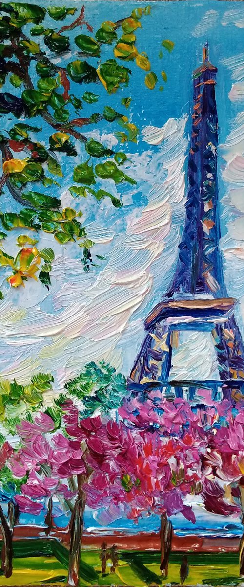 Eiffel tower and flowering jacarandas. Mini painting by Oksana Fedorova