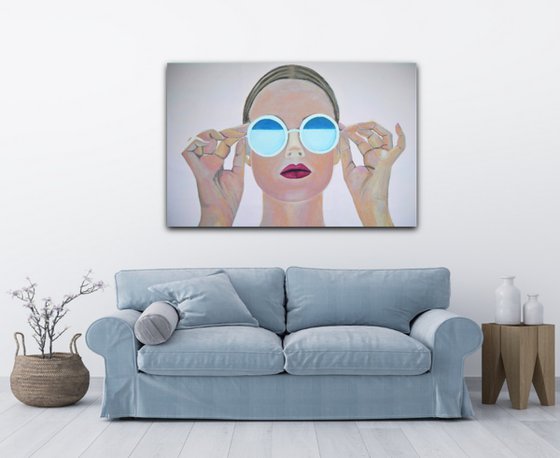 Extra large  painting, Girl with sunglasses / 140 x 90 x 5 cm