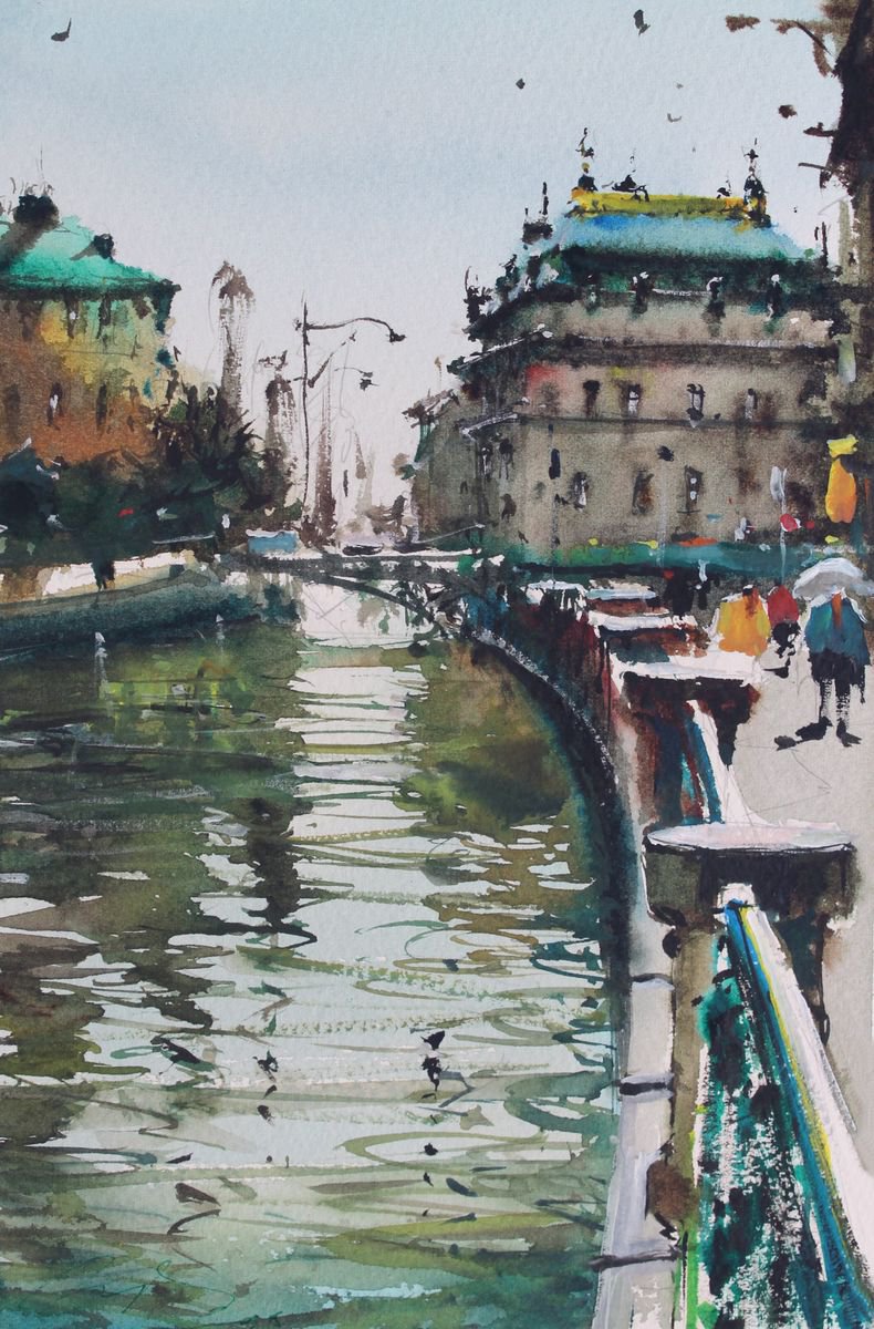 Impressionistic Watercolour , Prague Along The River By Maximo Damico, 8 X 11, Artwork For Sale On Artfinder