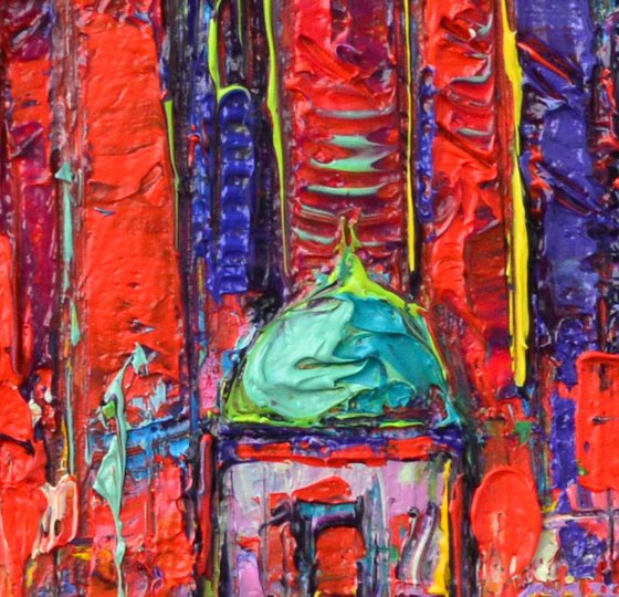AURORA IN BARCELONA SAGRADA FAMILIA is an impasto textural abstract cityscape modern impressionism palette knife oil painting by Ana Maria Edulescu